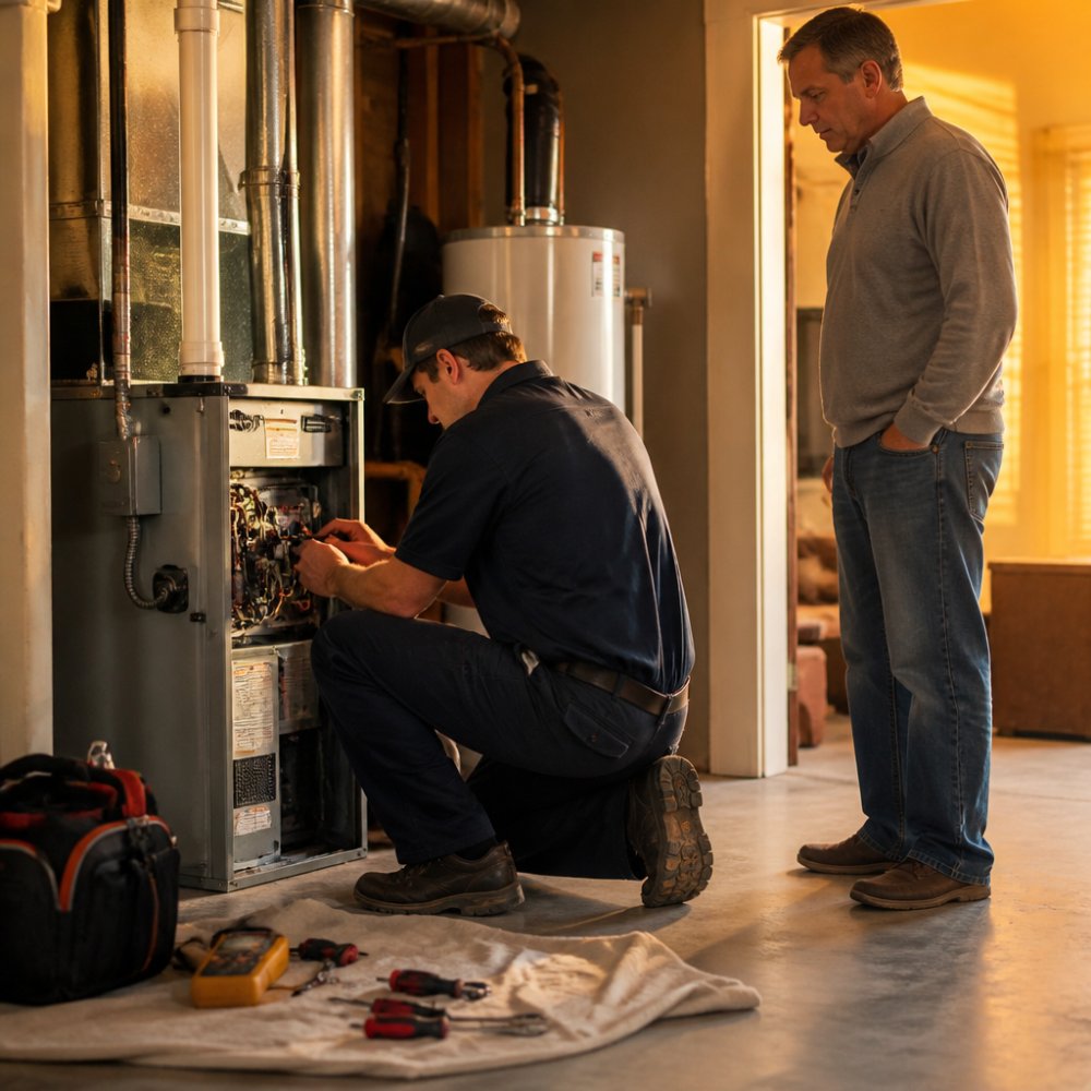 Technician performing an emergency HVAC repair on a home furnace while the owner watches