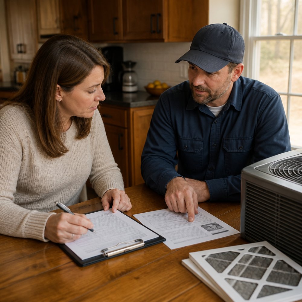 A homeowner sitting at a kitchen table with a clipboard and pen, reviewing an HVAC estimate while a technician in uniform points to a document across from them, warm afternoon light through the window