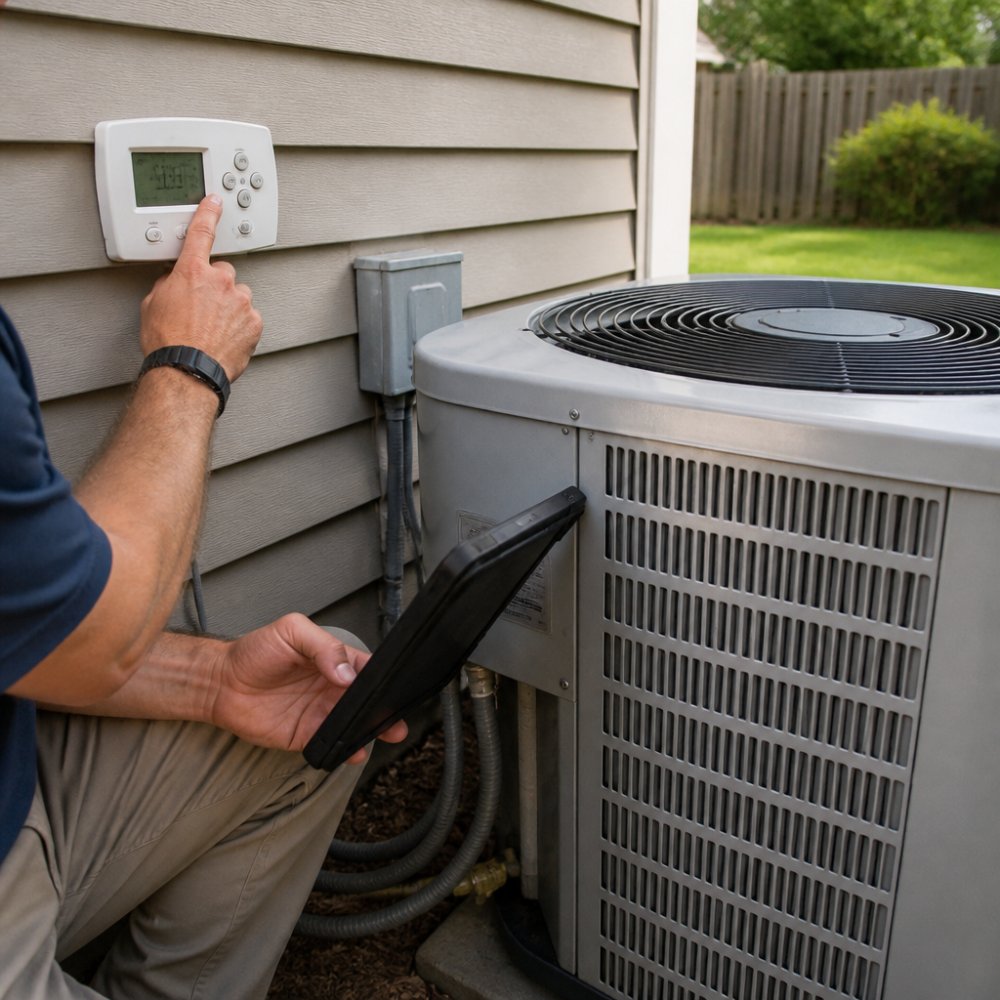 A homeowner kneeling beside an outdoor air conditioning unit in a backyard, checking the thermostat and inspecting the unit on a hot summer day