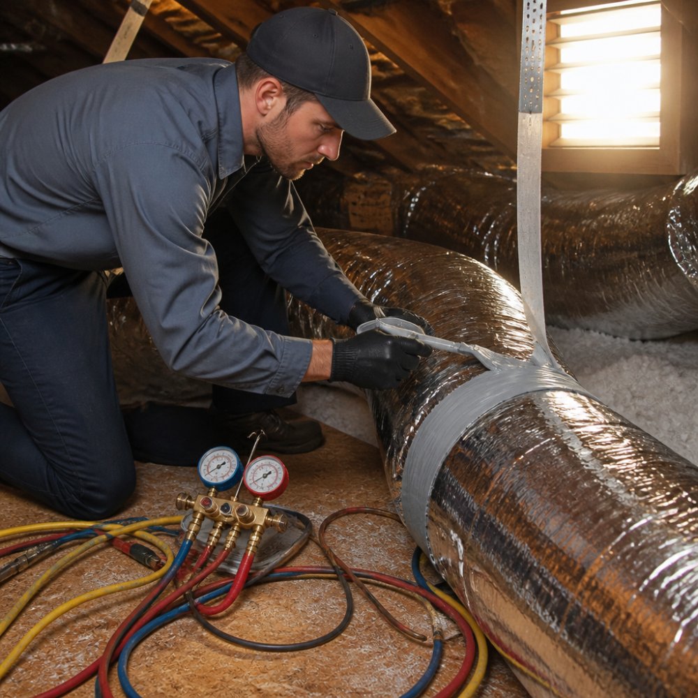 A licensed HVAC technician in uniform sealing ductwork with mastic in a residential attic, tools and gauges nearby, natural light from a vent
