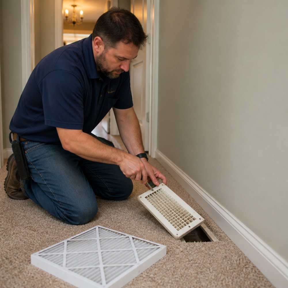 Homeowner removing a floor vent cover to fix uneven temperatures in a home with restricted HVAC airflow.