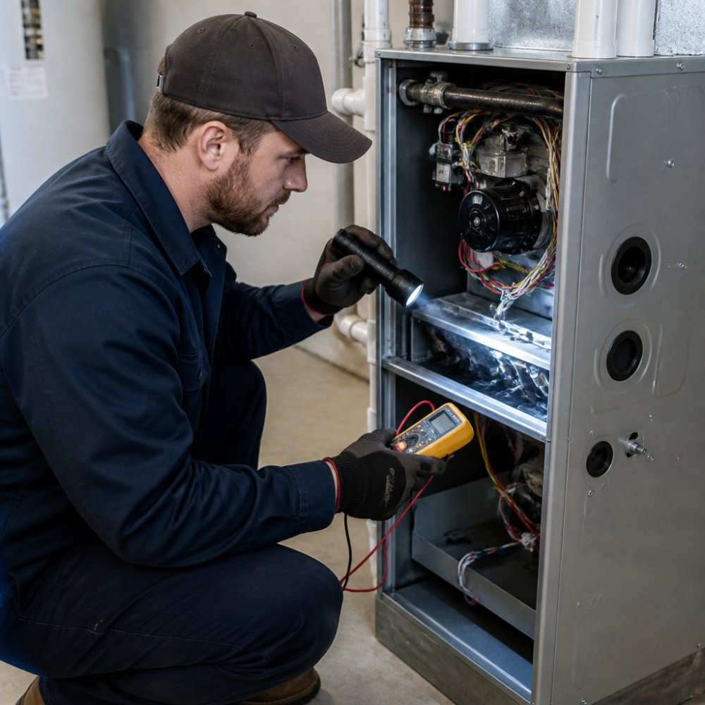 A professional HVAC technician in uniform inspecting the interior components of a residential furnace with a flashlight and multimeter, wearing safety gloves, in a clean basement utility room