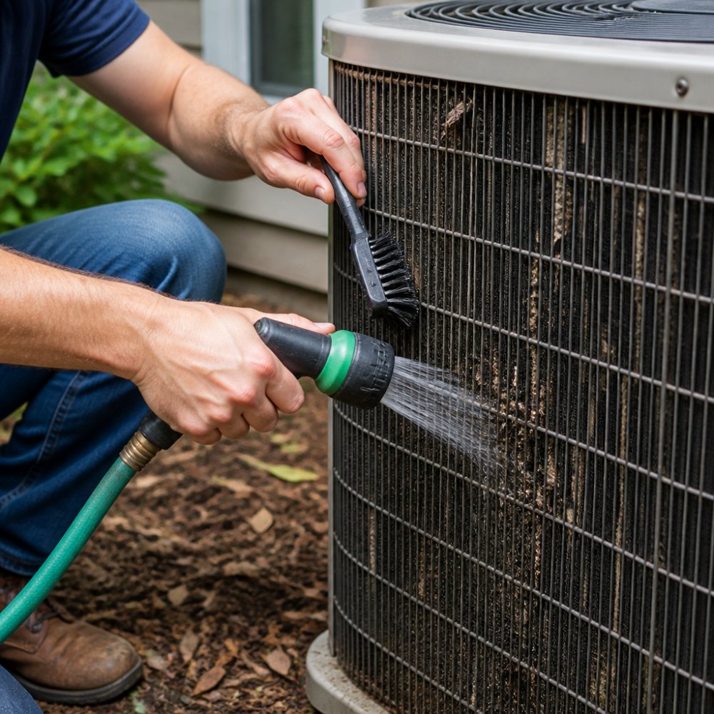 Homeowner cleaning debris from an outdoor AC condenser unit for AC maintenance