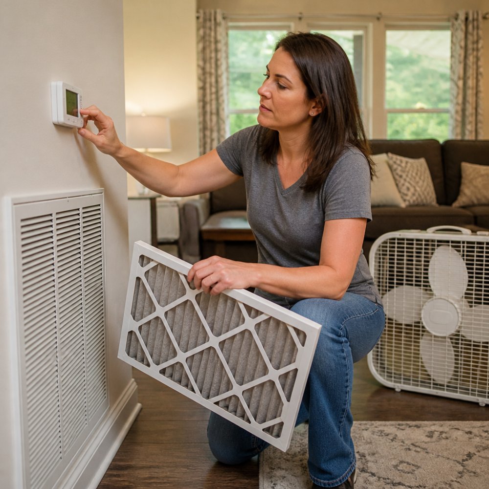 Homeowner checking their thermostat and air filter before calling for emergency ac repair in a warm living room