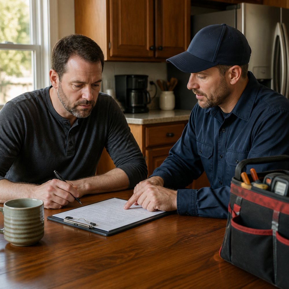 A homeowner sitting at a kitchen table with a clipboard and pen, reviewing a printed HVAC estimate while a technician in uniform points to details on the page, warm afternoon light through the window