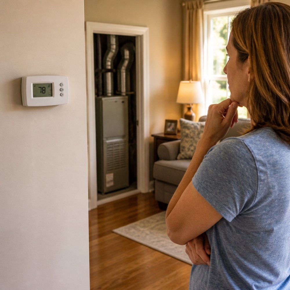 A homeowner in a living room looking at a wall thermostat showing a high temperature, an older HVAC unit visible through an open doorway, warm afternoon light