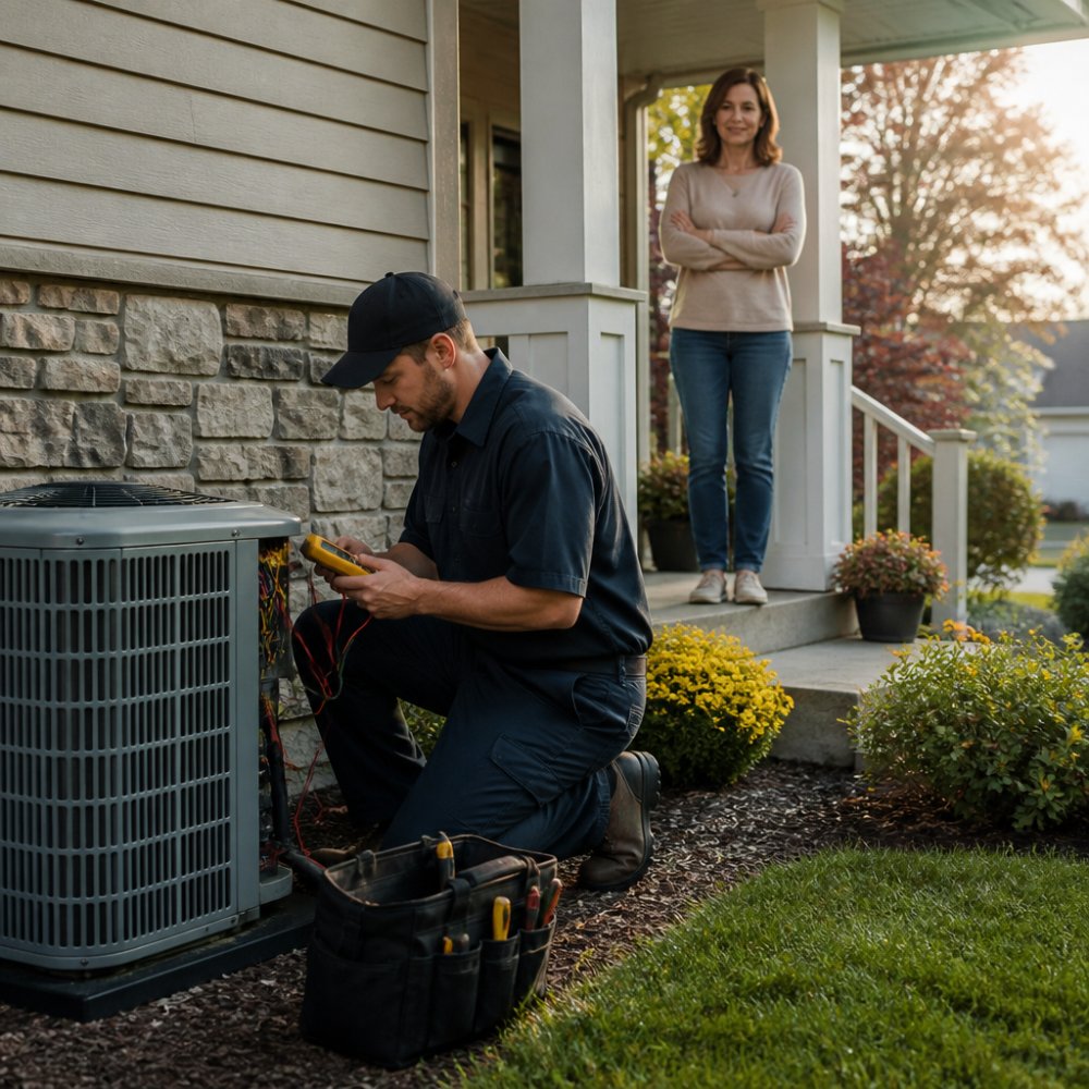 A licensed HVAC technician in uniform kneeling beside a modern heat pump outside a suburban home, holding a digital multimeter, with a homeowner watching from the porch